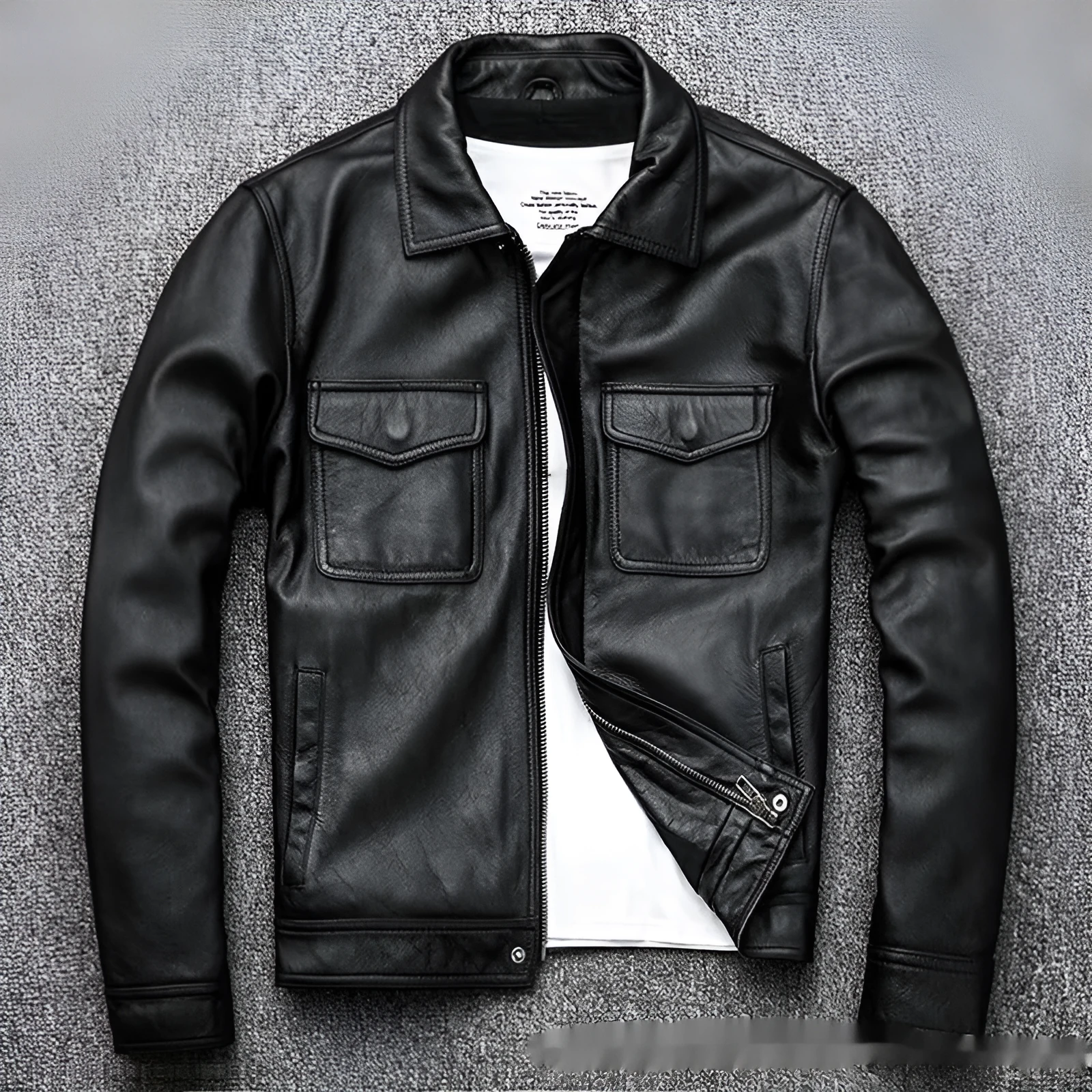 Men's retro short slim PU leather coat in black, front view