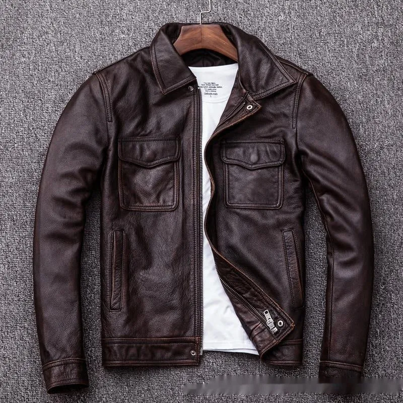 Men's retro short slim PU leather coat in black, front view