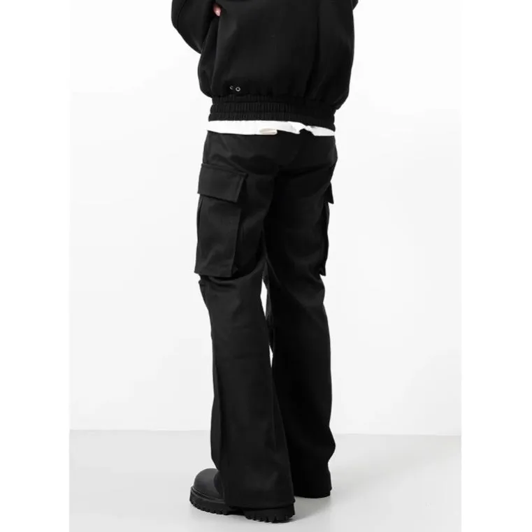 Black men's multi-pocket cargo trousers straight fit mid waist polyester spring autumn