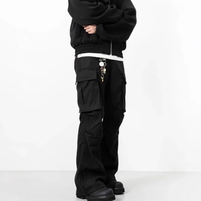 Black men's multi-pocket cargo trousers straight fit mid waist polyester spring autumn