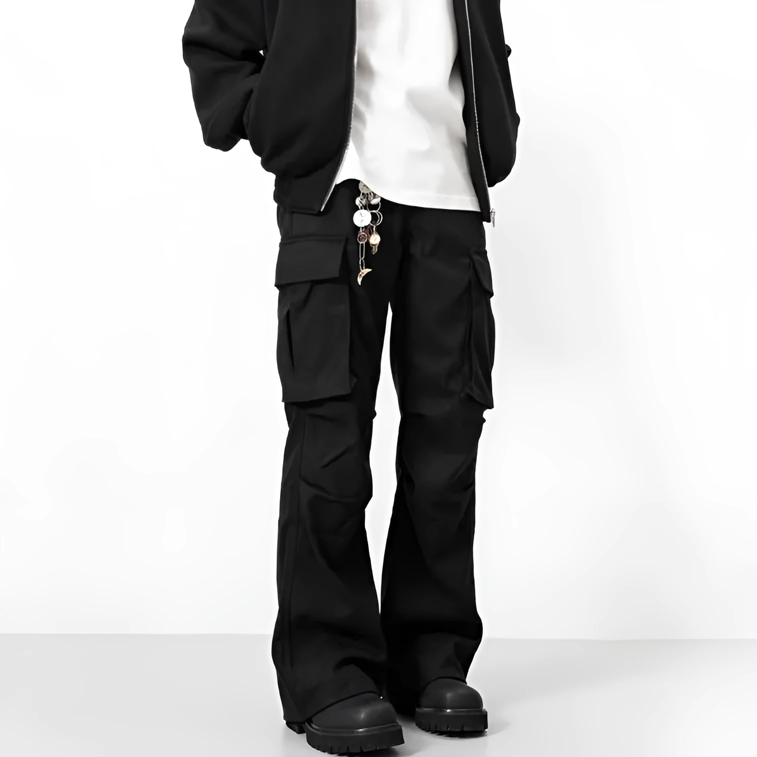 Black men's multi-pocket cargo trousers straight fit mid waist polyester spring autumn