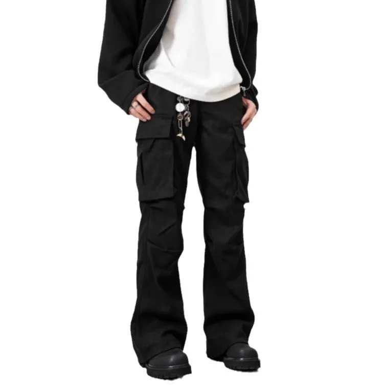 Black men's multi-pocket cargo trousers straight fit mid waist polyester spring autumn