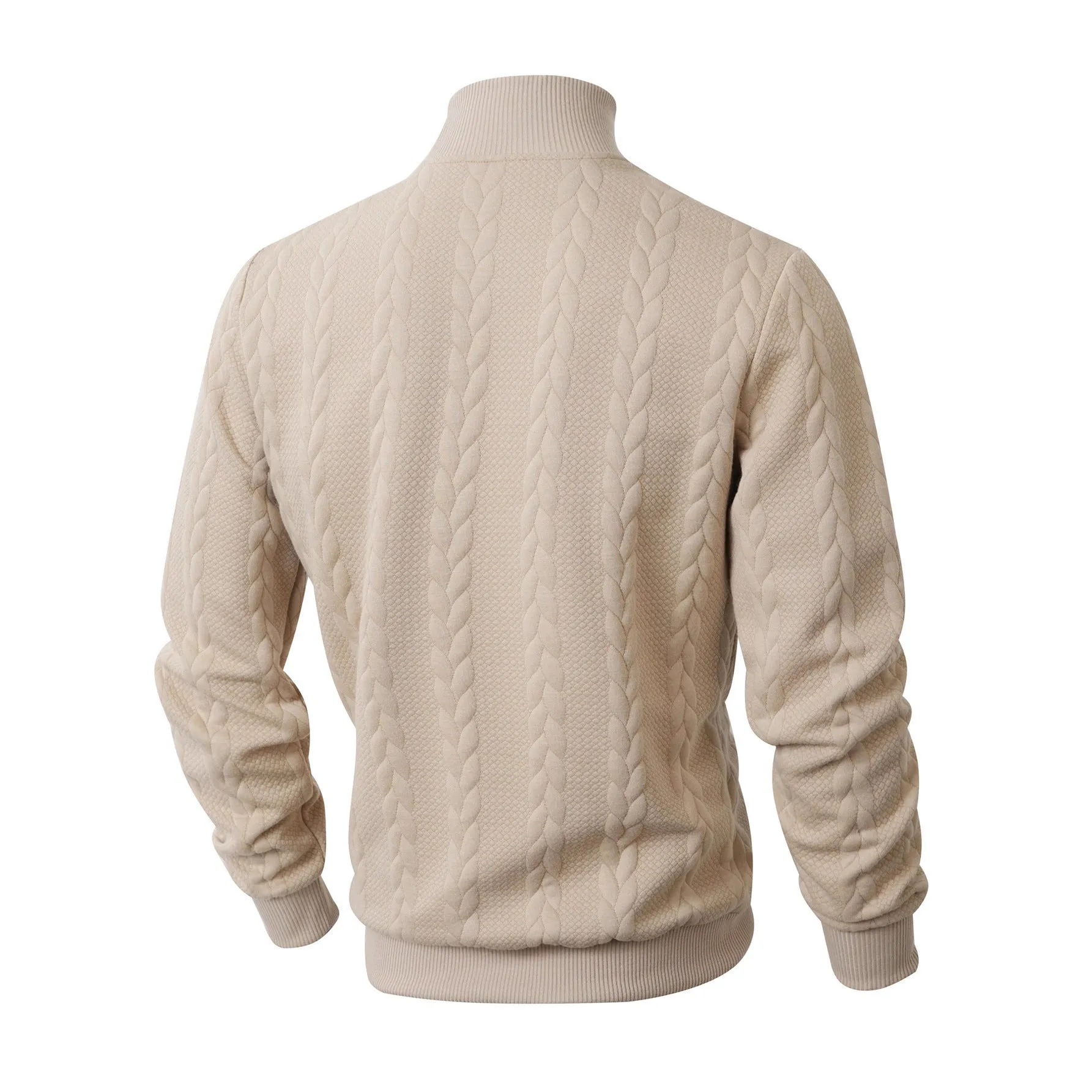 Men's knitted jacquard high collar warm sweater in khaki, thick polyester blend pullover with long sleeves