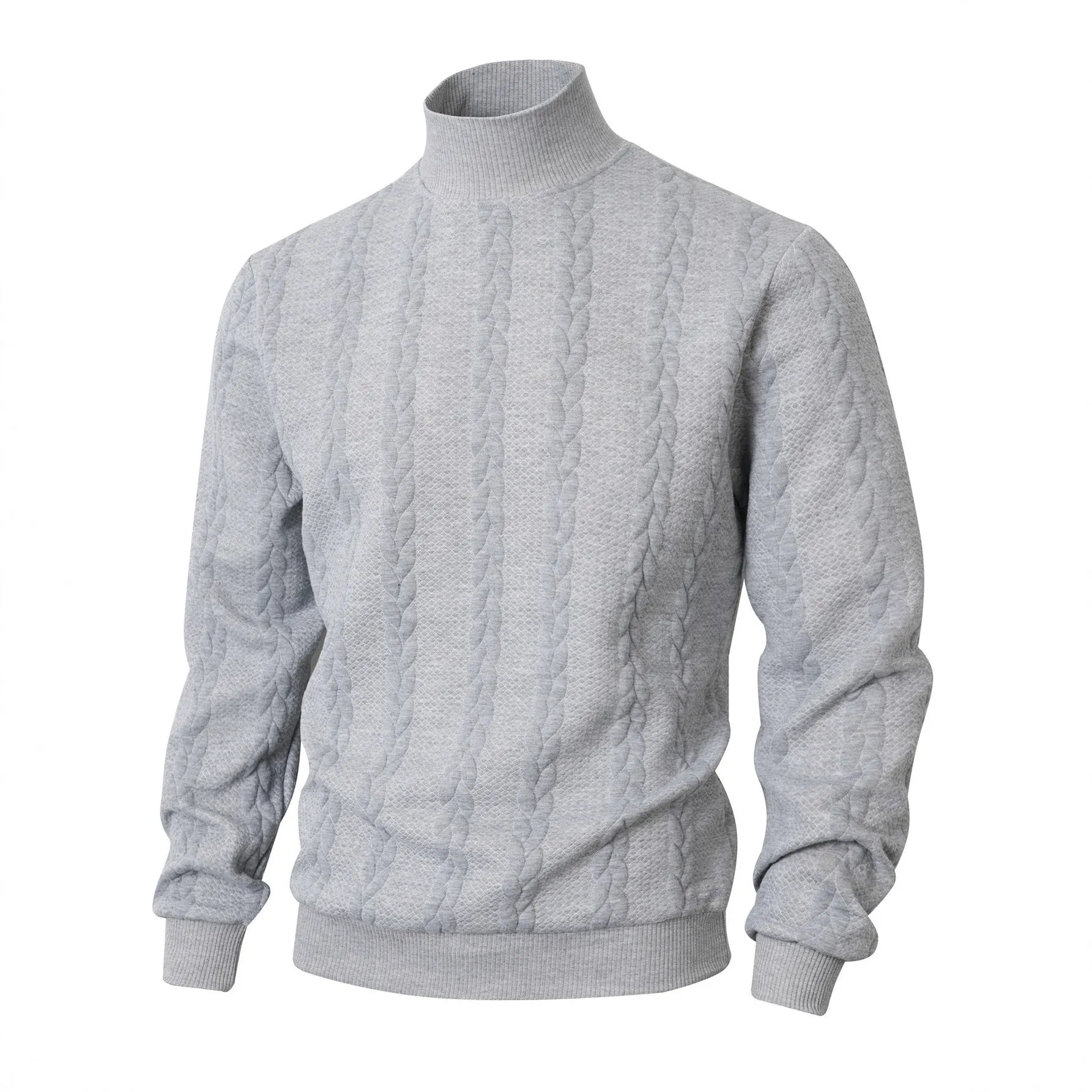 Men's knitted jacquard high collar warm sweater in khaki, thick polyester blend pullover with long sleeves