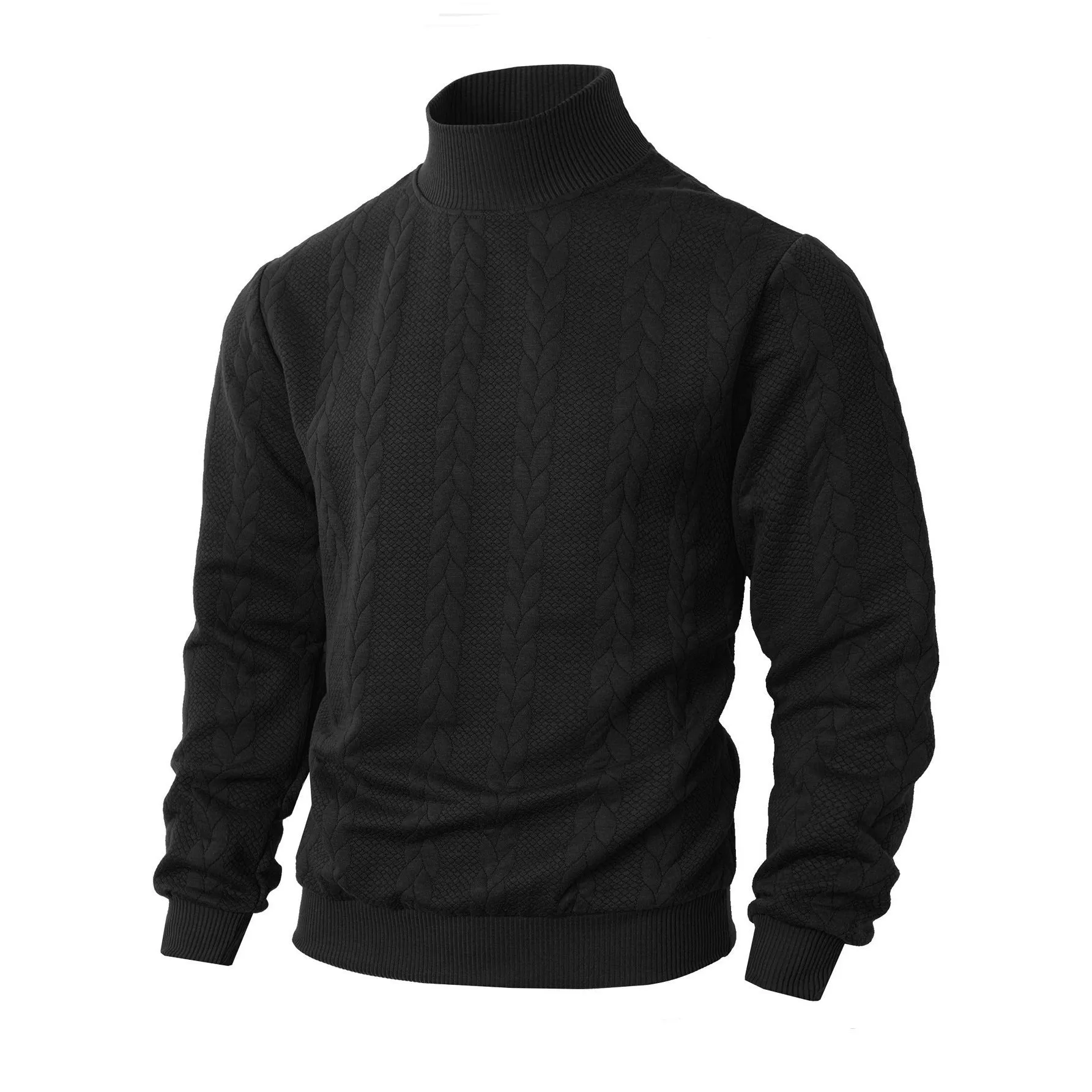 Men's knitted jacquard high collar warm sweater in khaki, thick polyester blend pullover with long sleeves