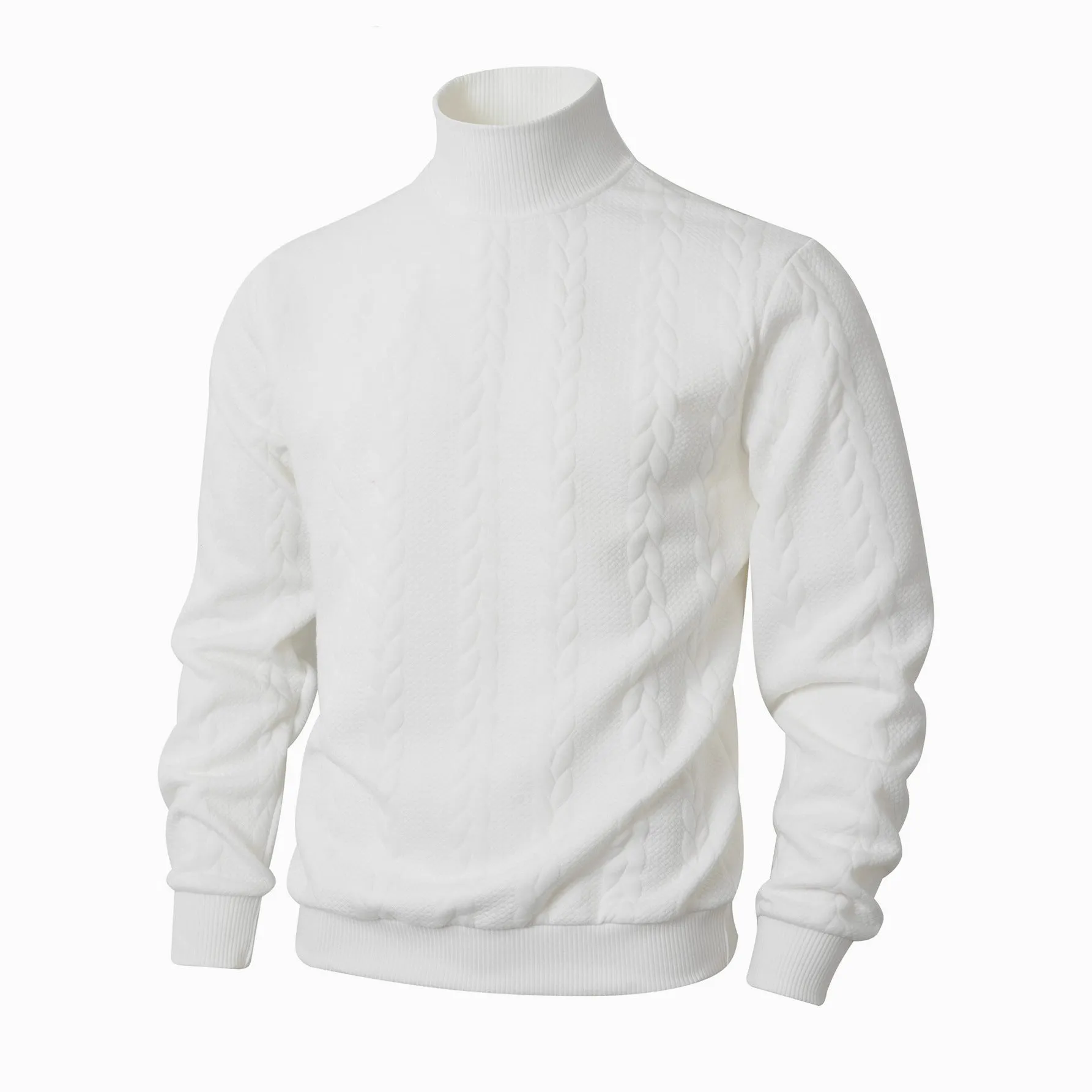 Men's knitted jacquard high collar warm sweater in khaki, thick polyester blend pullover with long sleeves