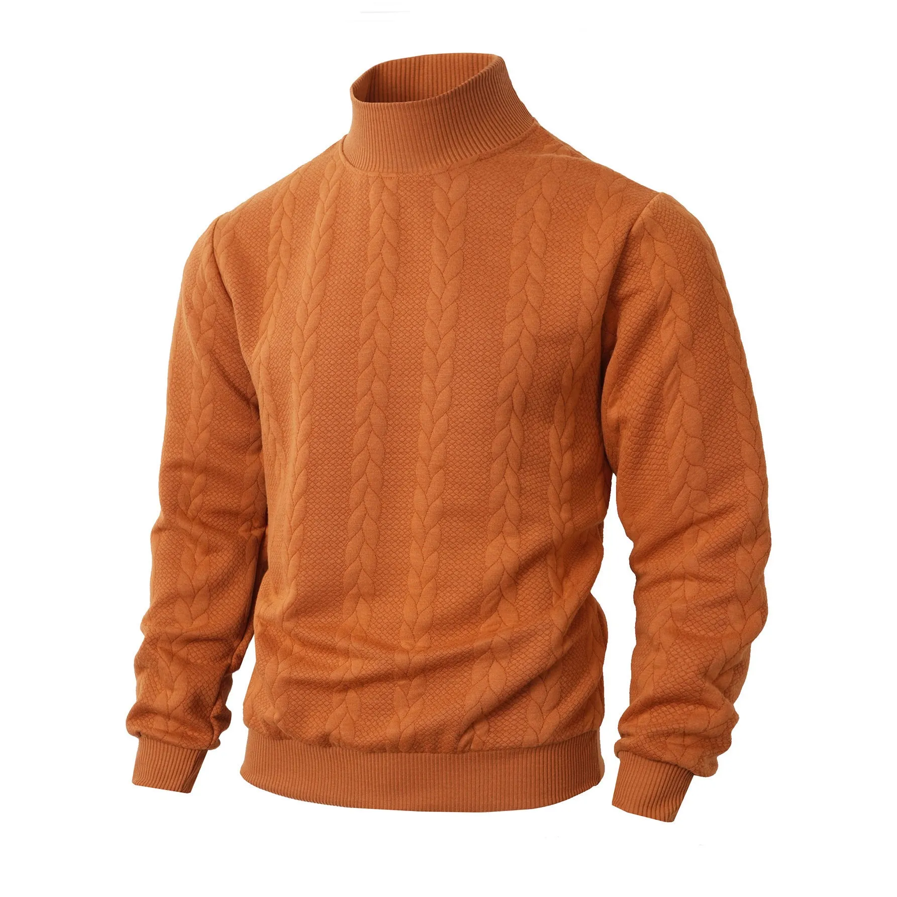 Men's knitted jacquard high collar warm sweater in khaki, thick polyester blend pullover with long sleeves