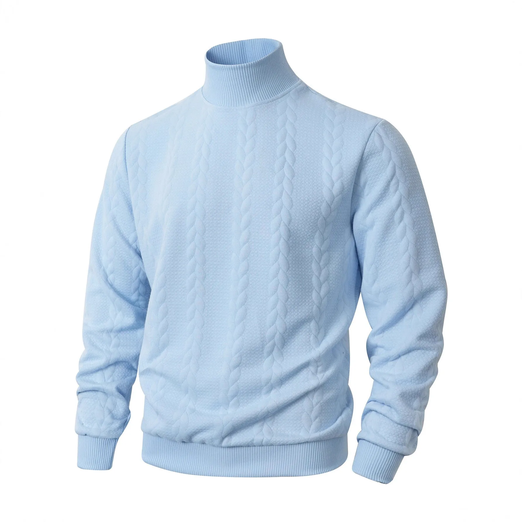 Men's knitted jacquard high collar warm sweater in khaki, thick polyester blend pullover with long sleeves