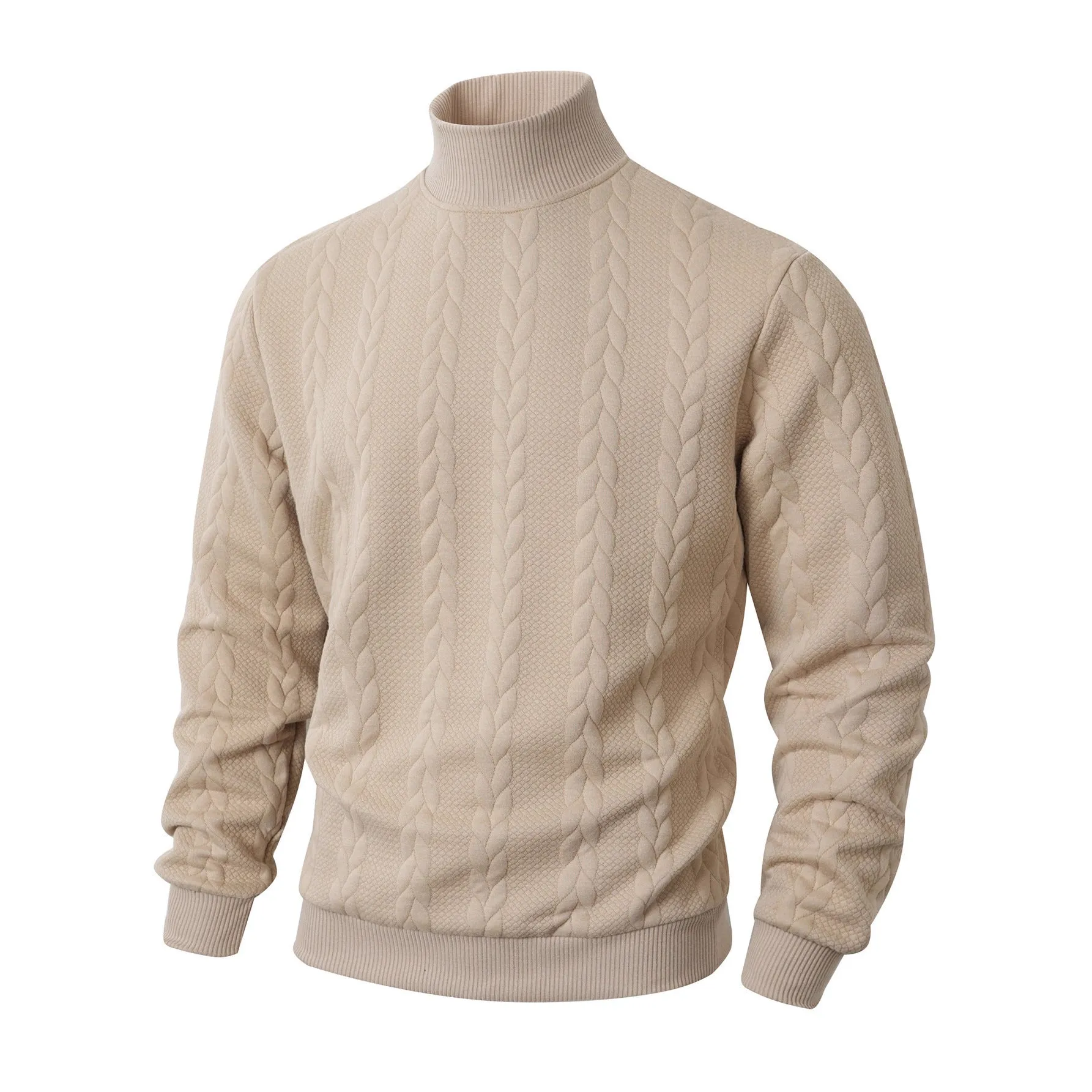 Men's knitted jacquard high collar warm sweater in khaki, thick polyester blend pullover with long sleeves