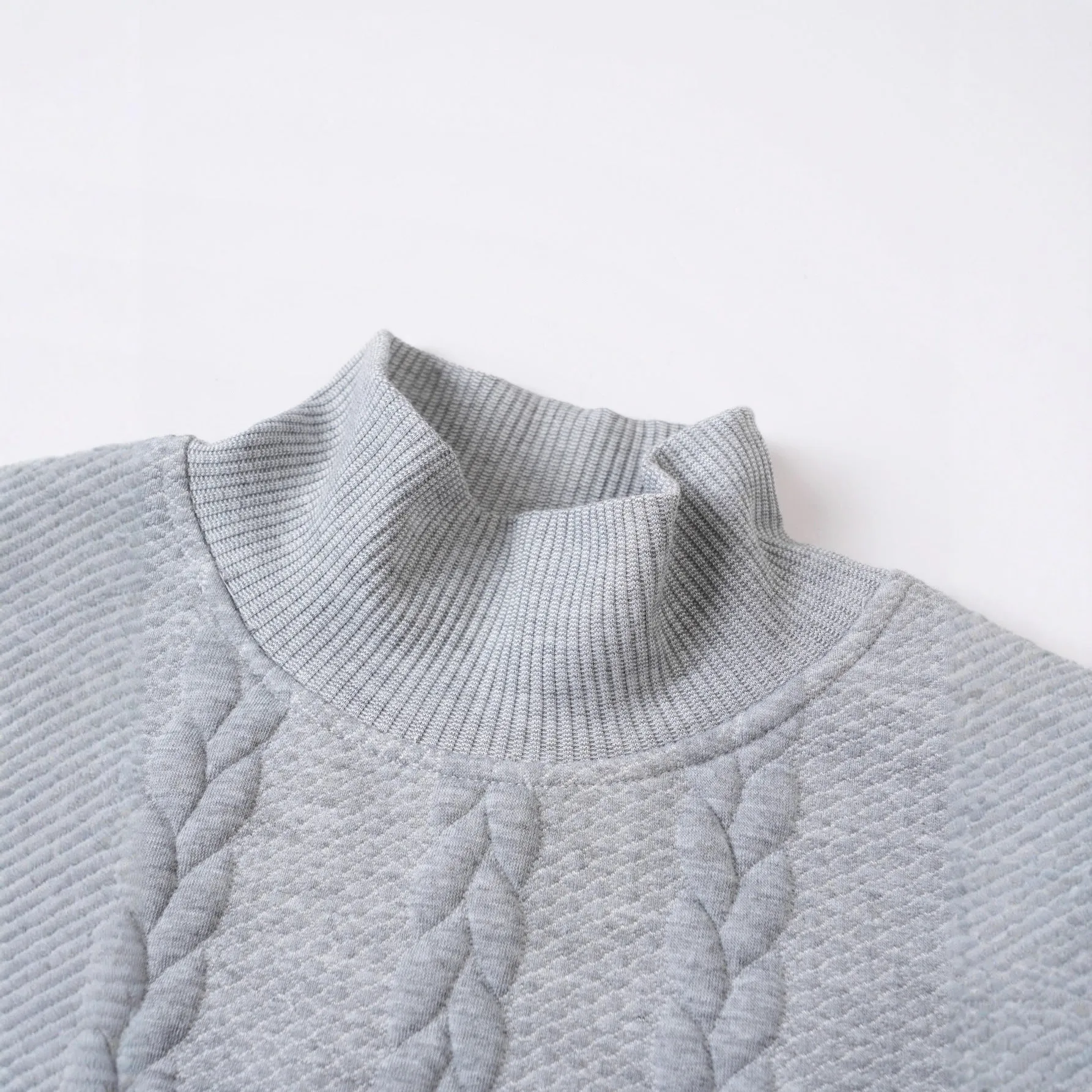 Men's knitted jacquard high collar warm sweater in khaki, thick polyester blend pullover with long sleeves