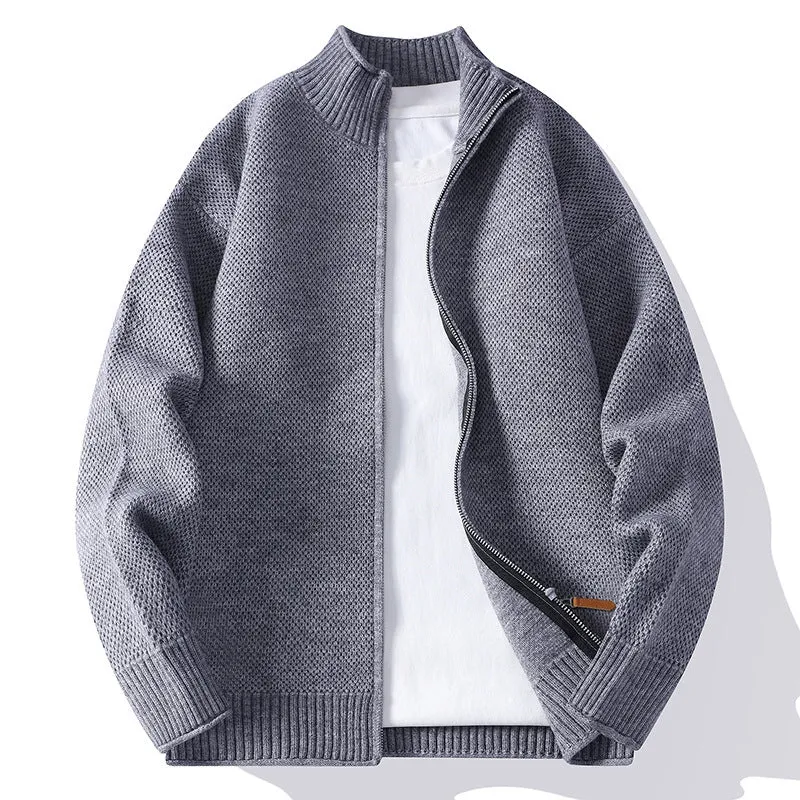 Men's American-style solid colour Vinylon sweater coat in gray, front view, sizes M to 4XL.