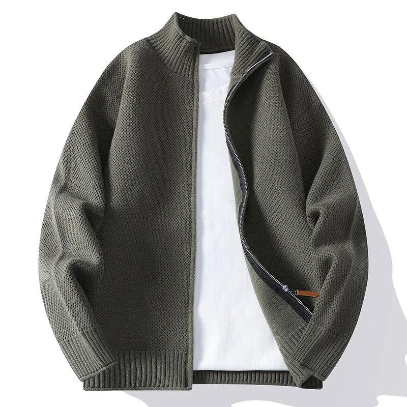 Men's American-style solid colour Vinylon sweater coat in gray, front view, sizes M to 4XL.