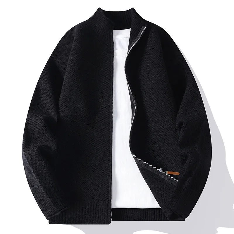 Men's American-style solid colour Vinylon sweater coat in gray, front view, sizes M to 4XL.