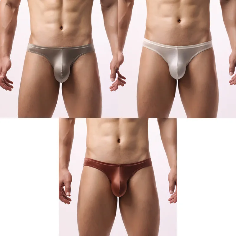 Men's ice silk underwear with satin triangle panel, solid colour, mid waist, knit nylon fabric