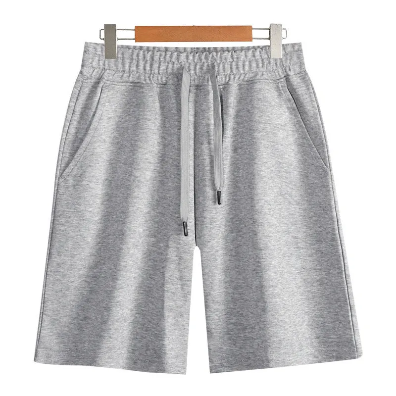 Straight-leg cotton shorts for summer in grey, shown on a hanger.