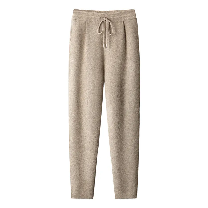 Men's loose cashmere trousers in light camel colour; winter casual wear with elastic waist