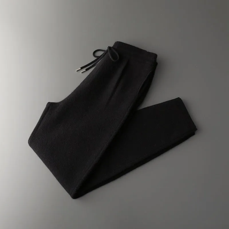 Men's loose cashmere trousers in light camel colour; winter casual wear with elastic waist