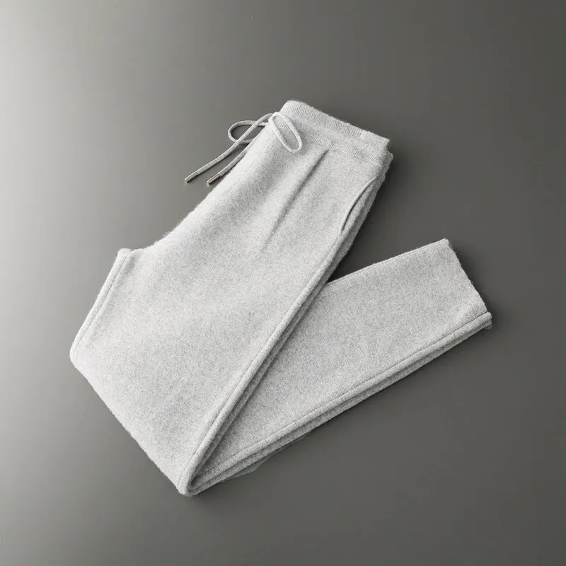 Men's loose cashmere trousers in light camel colour; winter casual wear with elastic waist
