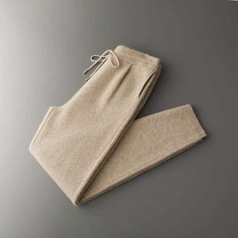 Men's loose cashmere trousers in light camel colour; winter casual wear with elastic waist