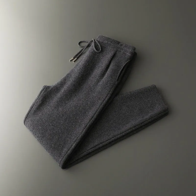 Men's loose cashmere trousers in light camel colour; winter casual wear with elastic waist
