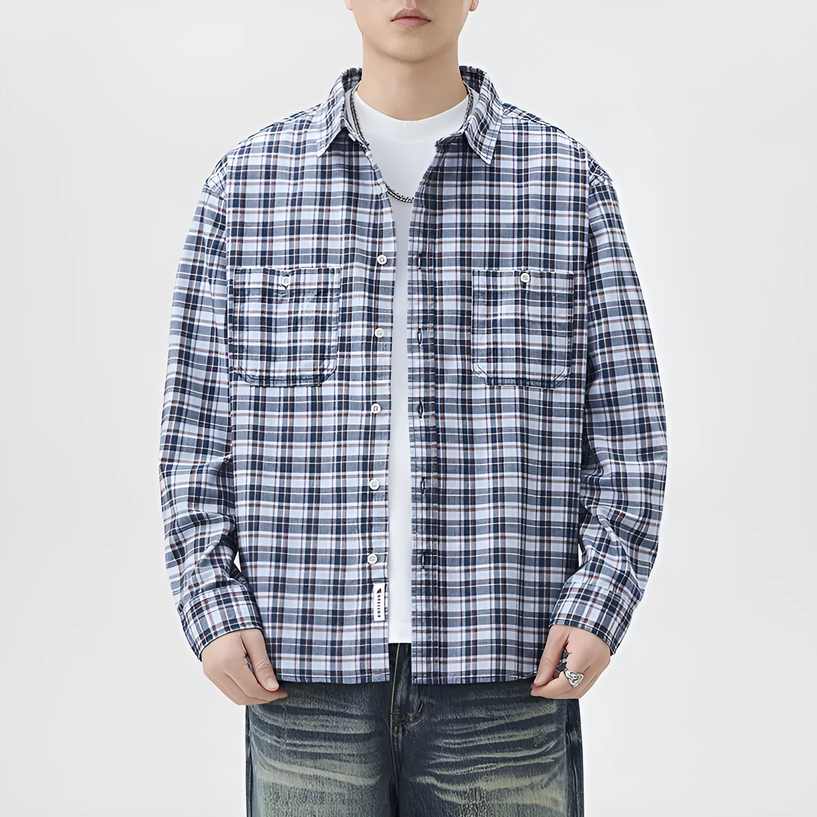 Mens blue grid plaid cotton long sleeve shirt loose fit cardigan coat