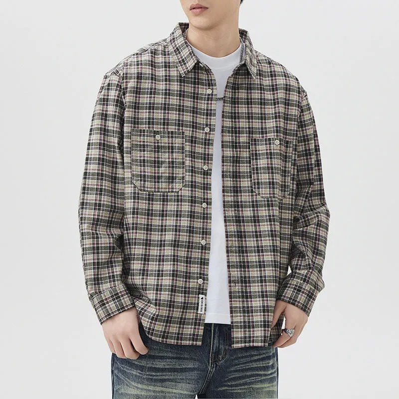 Mens blue grid plaid cotton long sleeve shirt loose fit cardigan coat