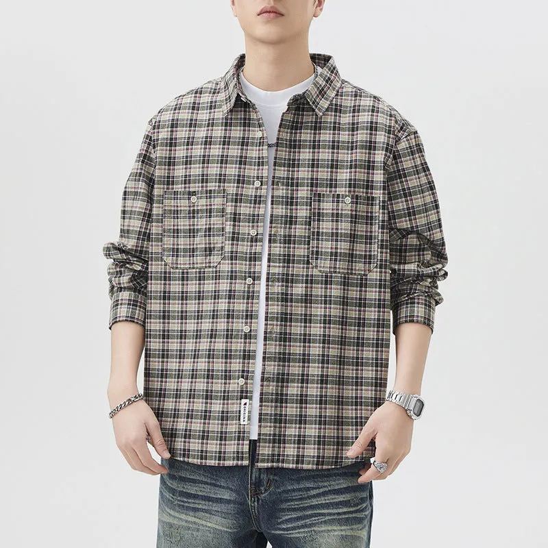 Mens blue grid plaid cotton long sleeve shirt loose fit cardigan coat