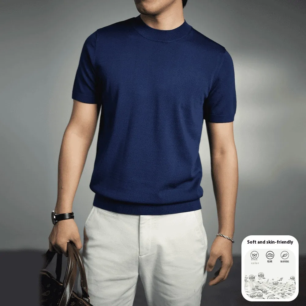 Men's solid colour knitted T-shirt with round neck and short sleeves on a hanger.