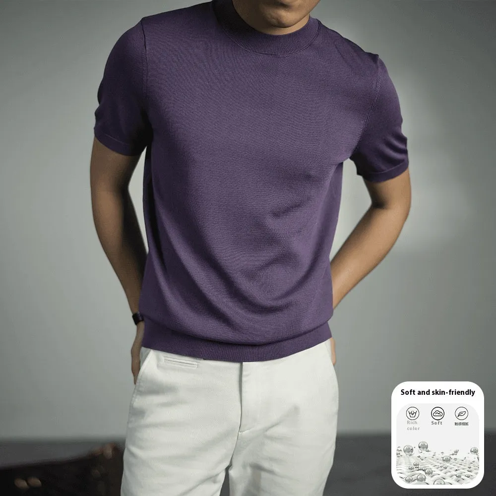 Men's solid colour knitted T-shirt with round neck and short sleeves on a hanger.