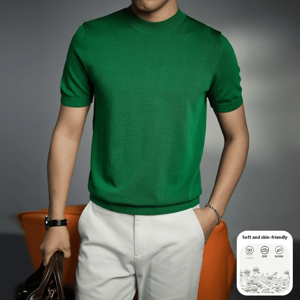 Men's solid colour knitted T-shirt with round neck and short sleeves on a hanger.