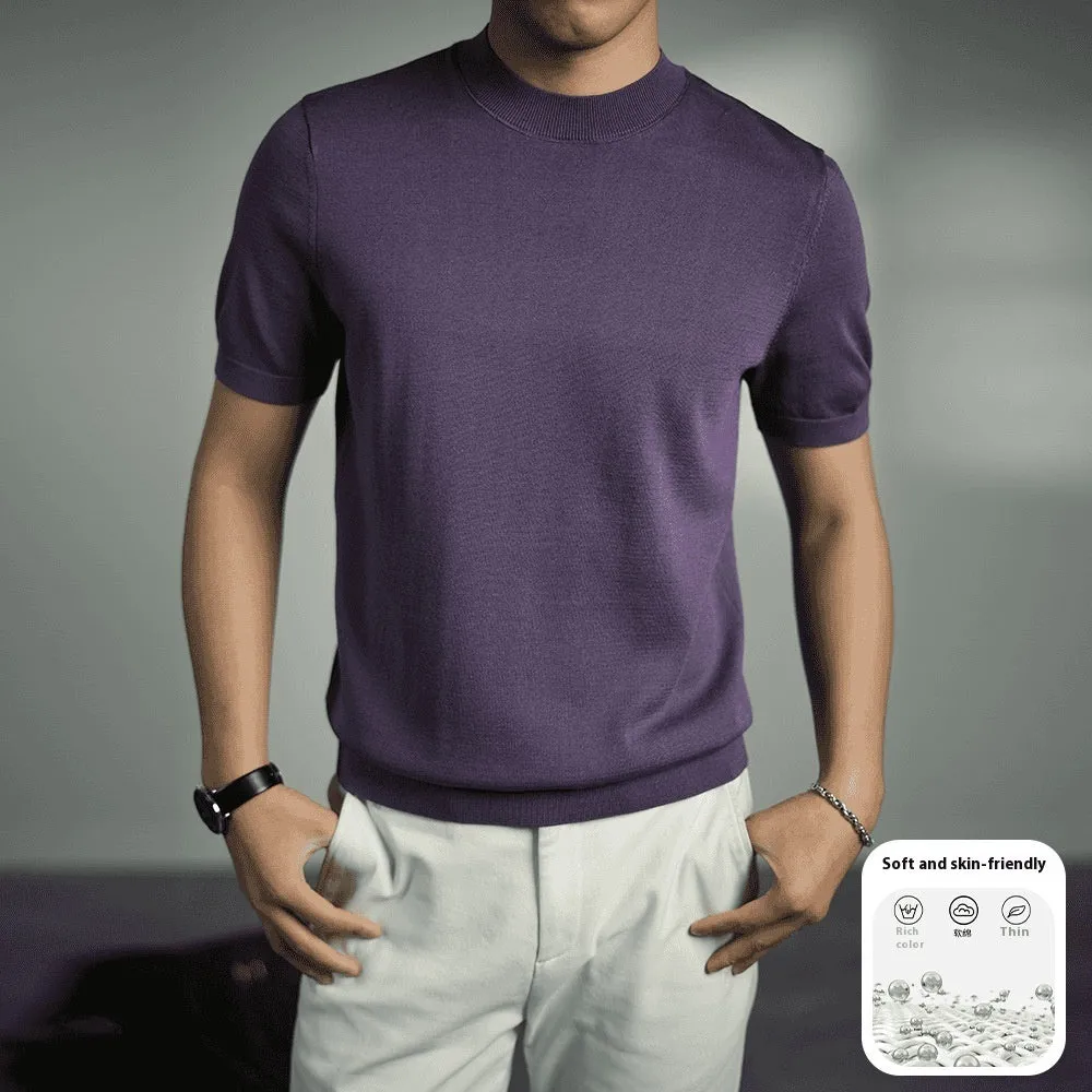 Men's solid colour knitted T-shirt with round neck and short sleeves on a hanger.