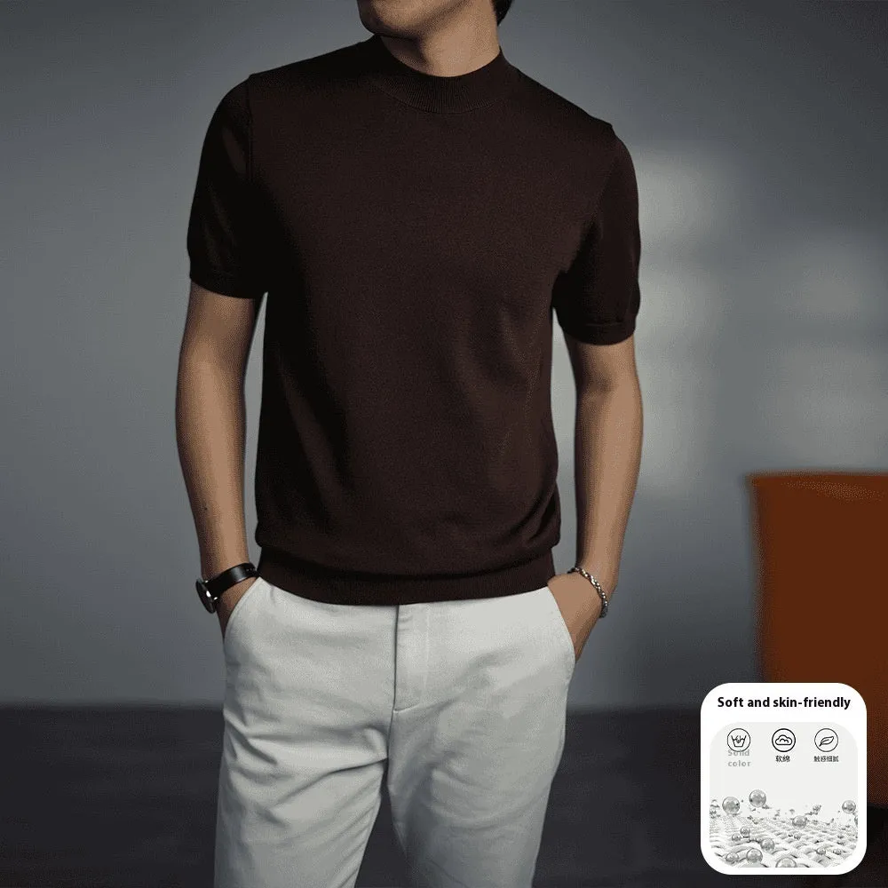 Men's solid colour knitted T-shirt with round neck and short sleeves on a hanger.