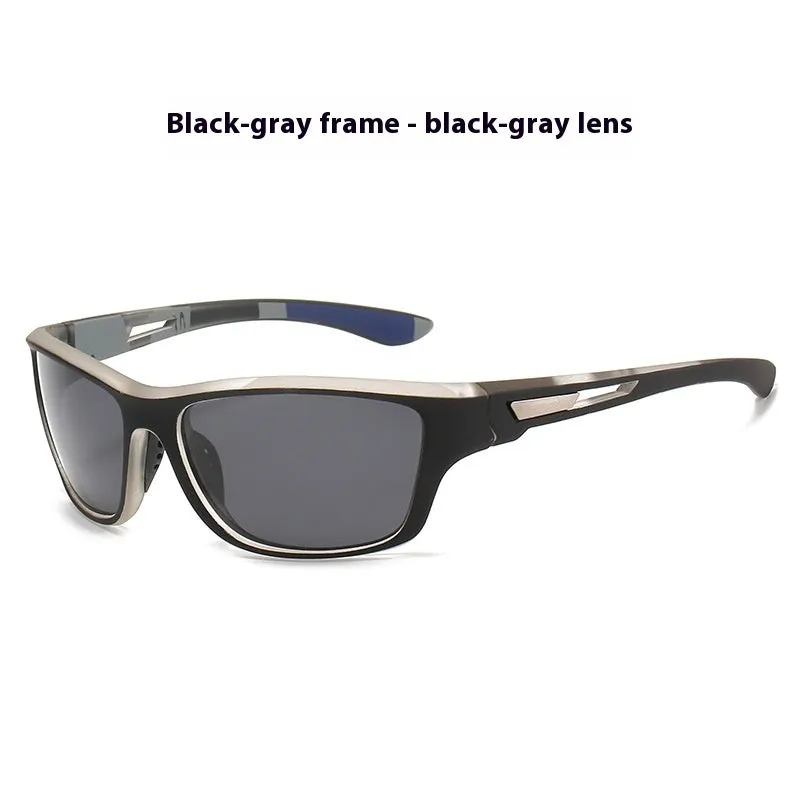 Men's polarised cycling sunglasses with full black frame and grey lens for outdoor sports