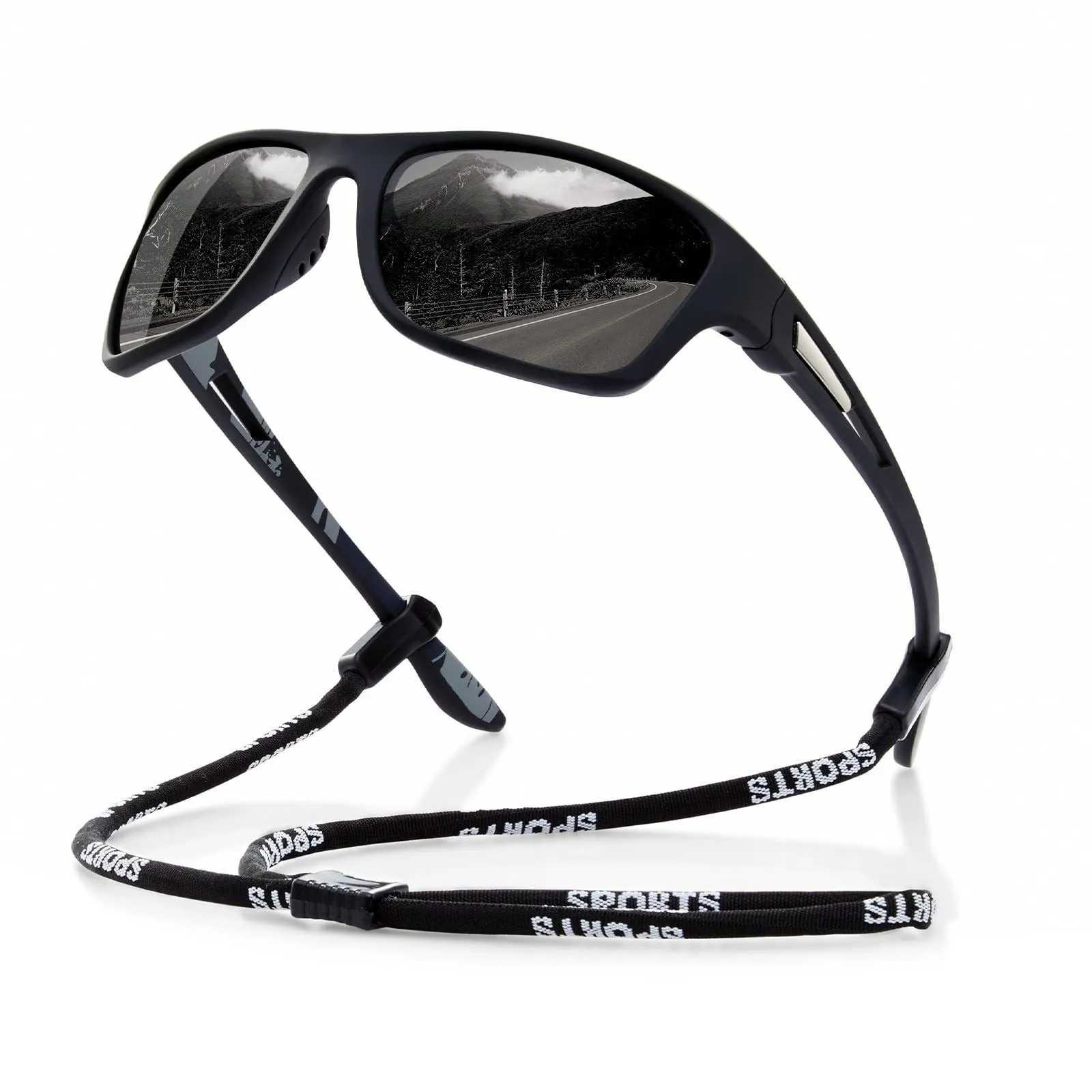 Men's polarised cycling sunglasses with full black frame and grey lens for outdoor sports