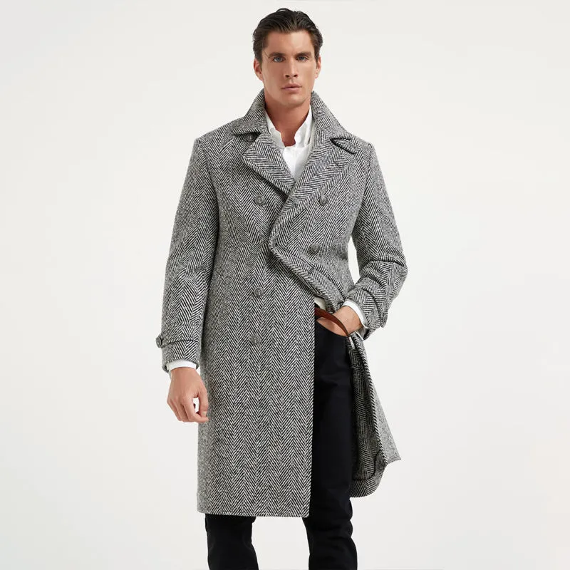 Men's mid-length double-breasted tweed overcoat in light gray woolen fabric with suit collar