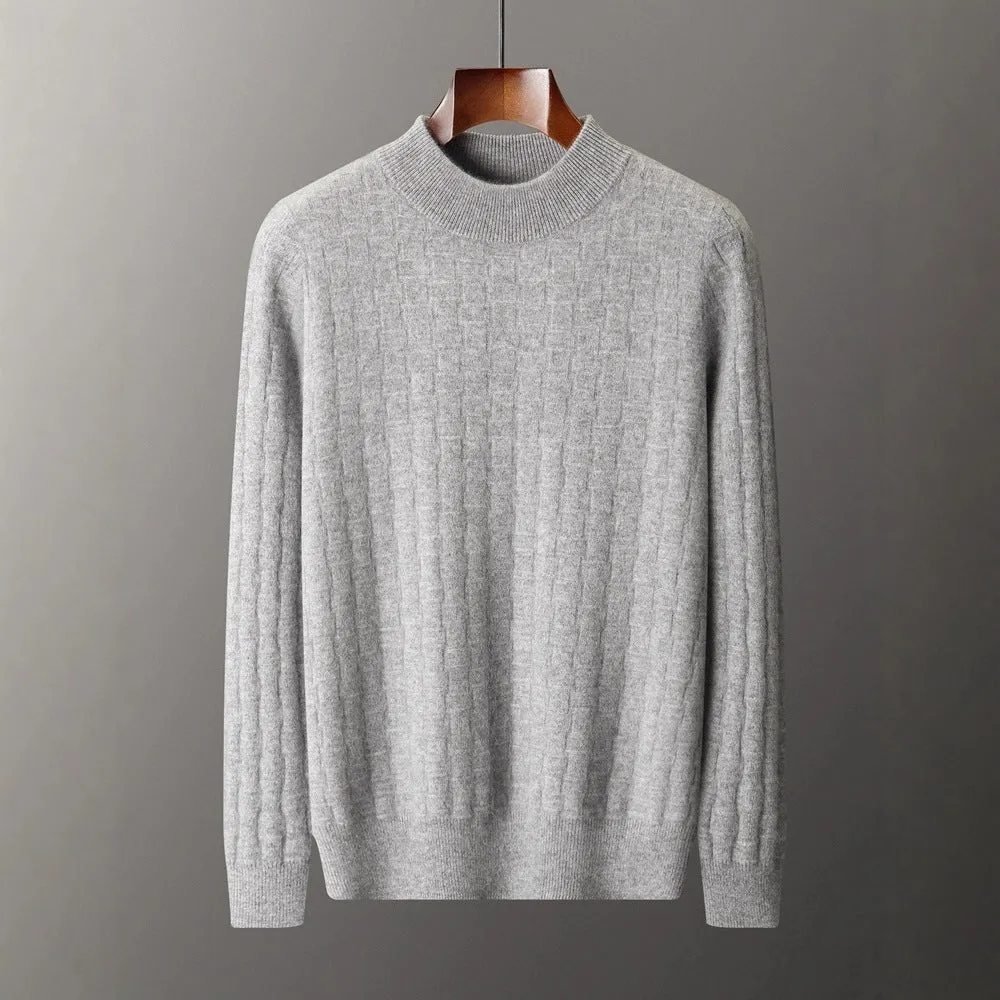 Men's half-high collar pullover sweater in wool, winter long sleeve loose fit, light gray colour