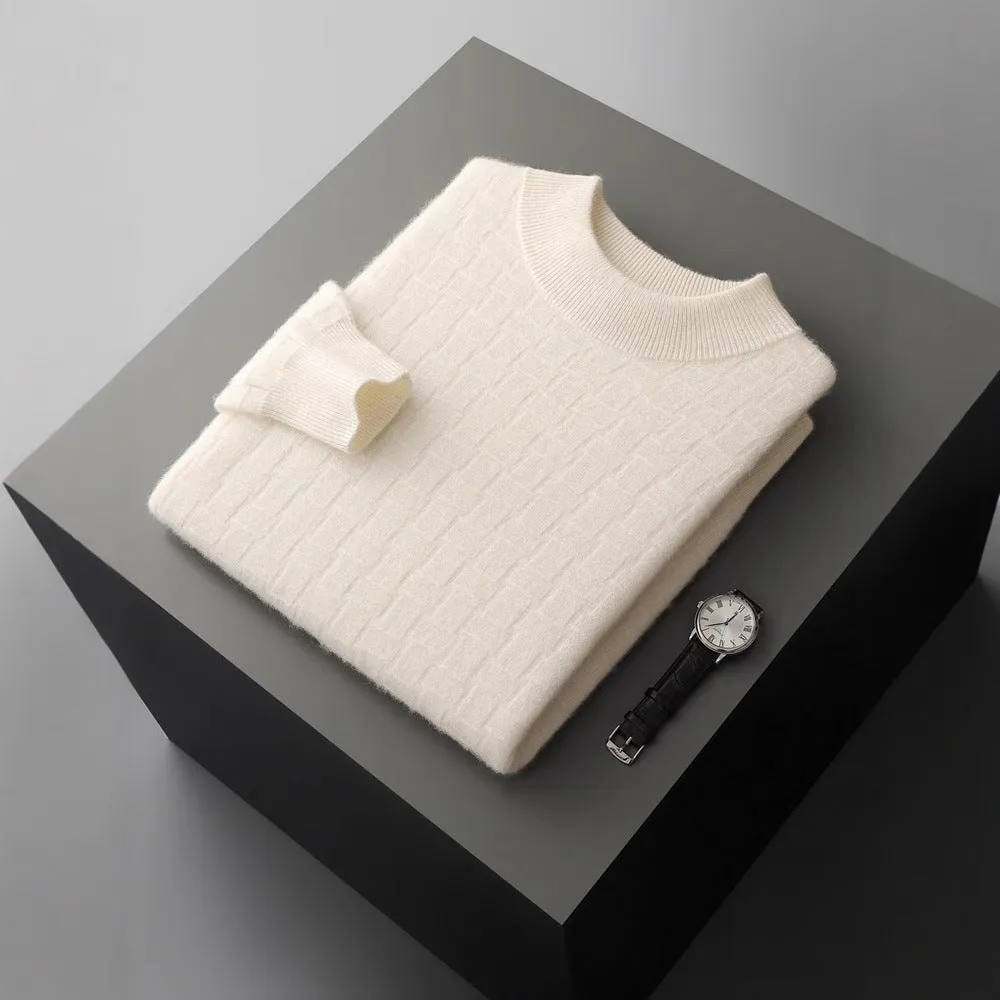 Men's half-high collar pullover sweater in wool, winter long sleeve loose fit, light gray colour