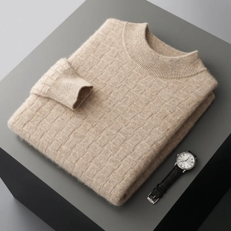 Men's half-high collar pullover sweater in wool, winter long sleeve loose fit, light gray colour