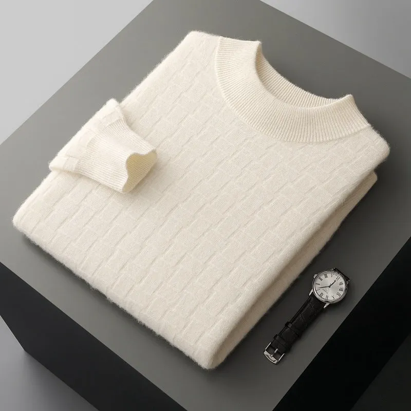 Men's half-high collar pullover sweater in wool, winter long sleeve loose fit, light gray colour