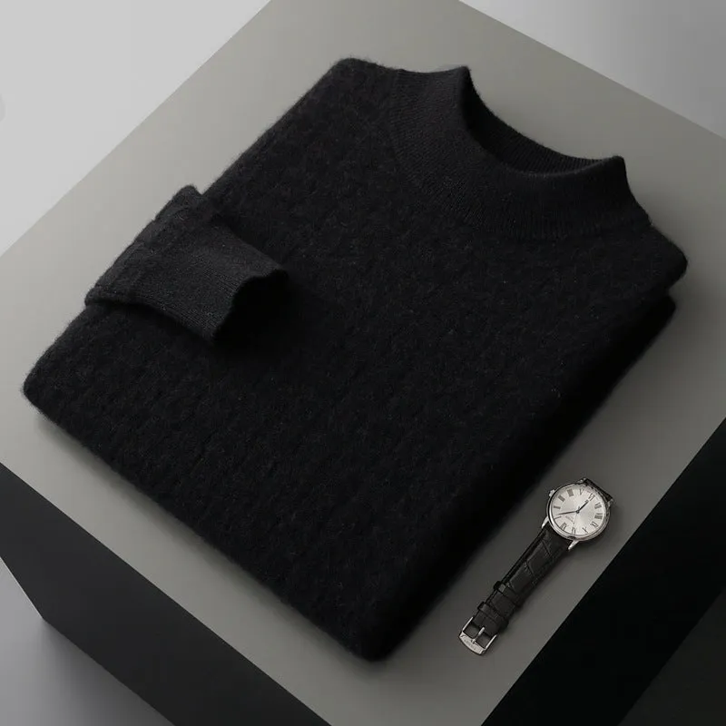 Men's half-high collar pullover sweater in wool, winter long sleeve loose fit, light gray colour