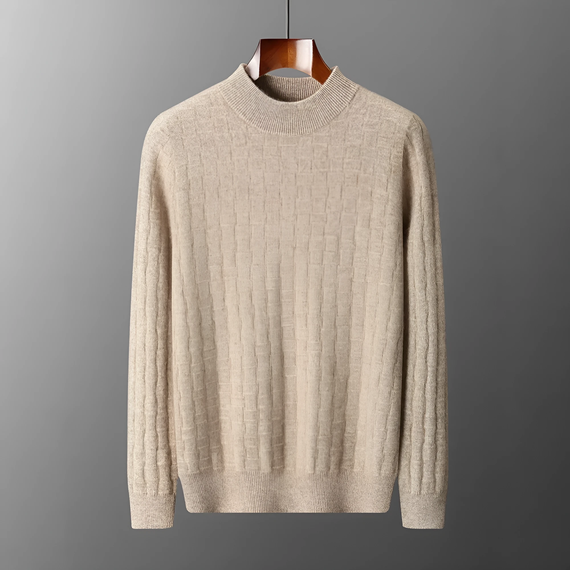 Men's half-high collar pullover sweater in wool, winter long sleeve loose fit, light gray colour