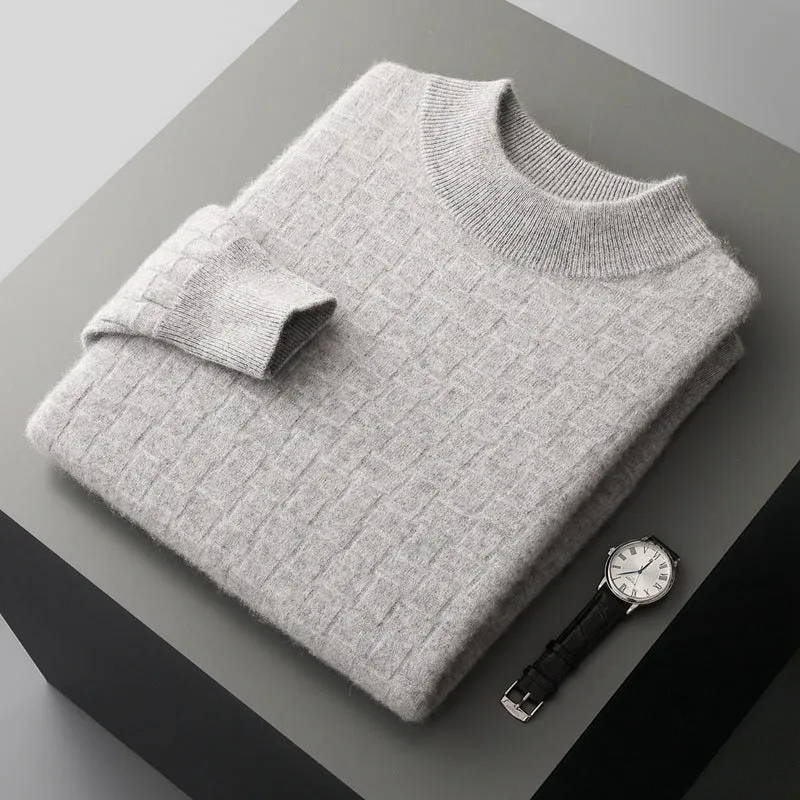 Men's half-high collar pullover sweater in wool, winter long sleeve loose fit, light gray colour