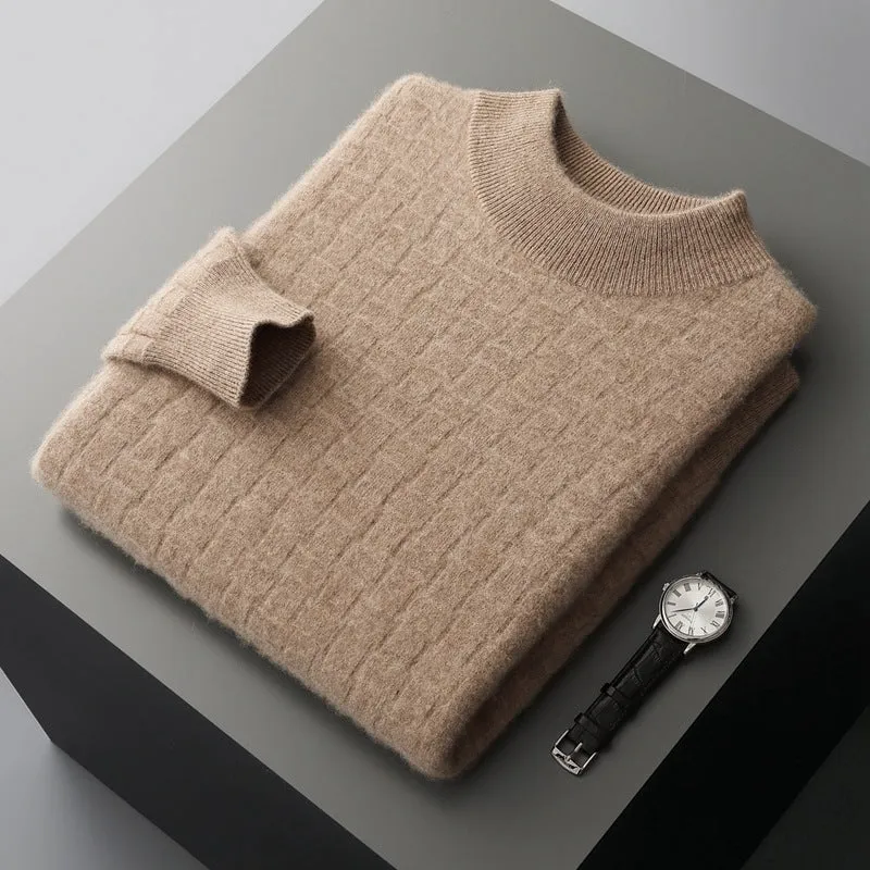 Men's half-high collar pullover sweater in wool, winter long sleeve loose fit, light gray colour