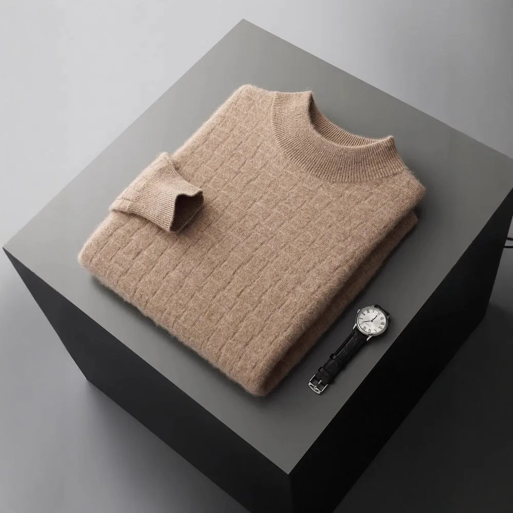 Men's half-high collar pullover sweater in wool, winter long sleeve loose fit, light gray colour