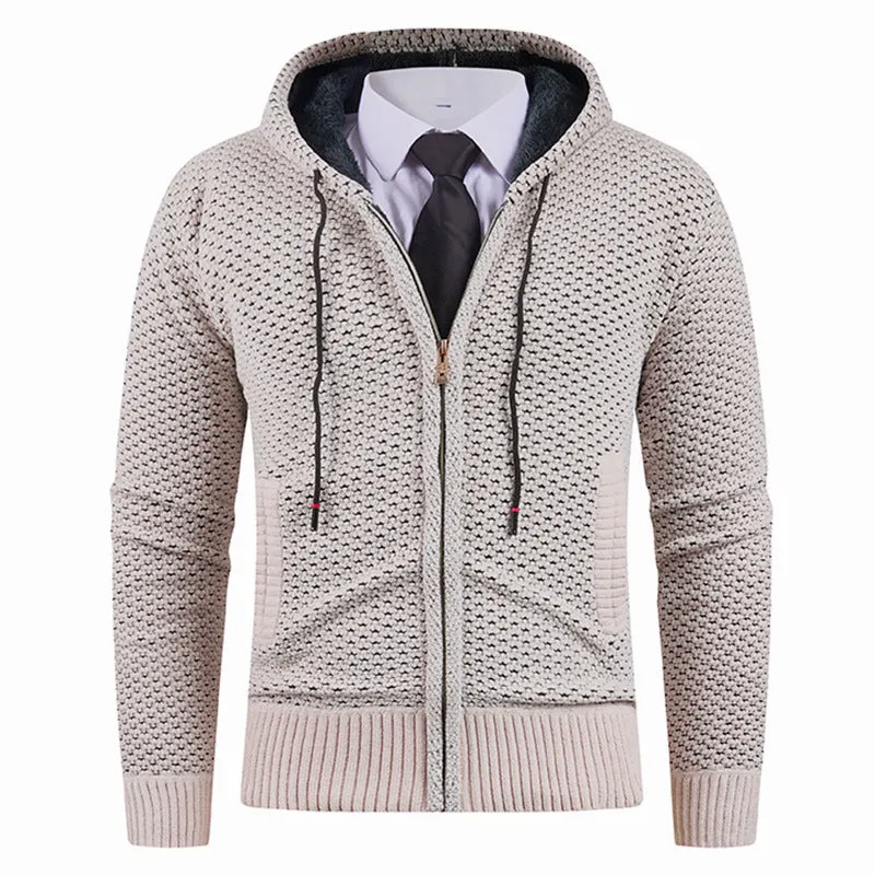 Men's hooded fleece lined sweater with pineapple pin in beige, shown front view on model, available in sizes M to 4XL