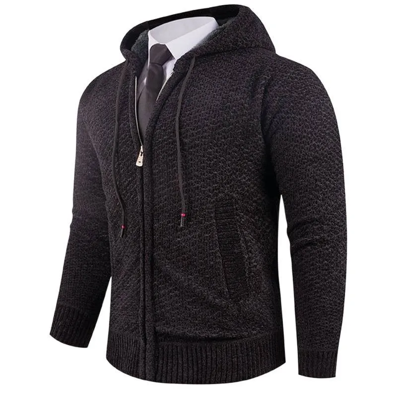 Men's hooded fleece lined sweater with pineapple pin in beige, shown front view on model, available in sizes M to 4XL