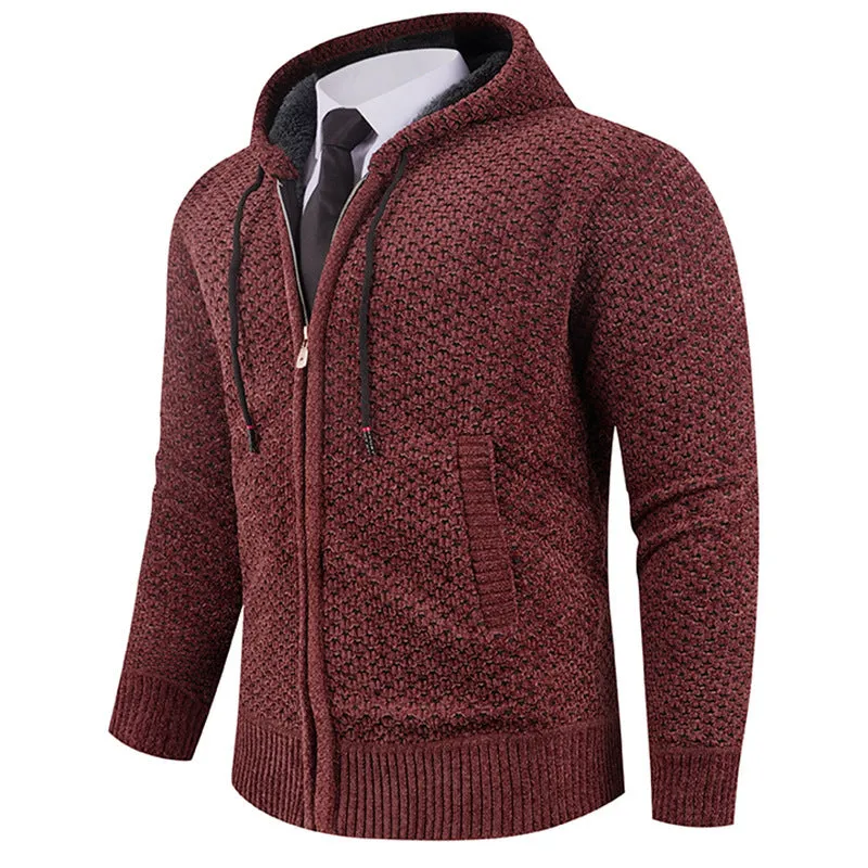 Men's hooded fleece lined sweater with pineapple pin in beige, shown front view on model, available in sizes M to 4XL