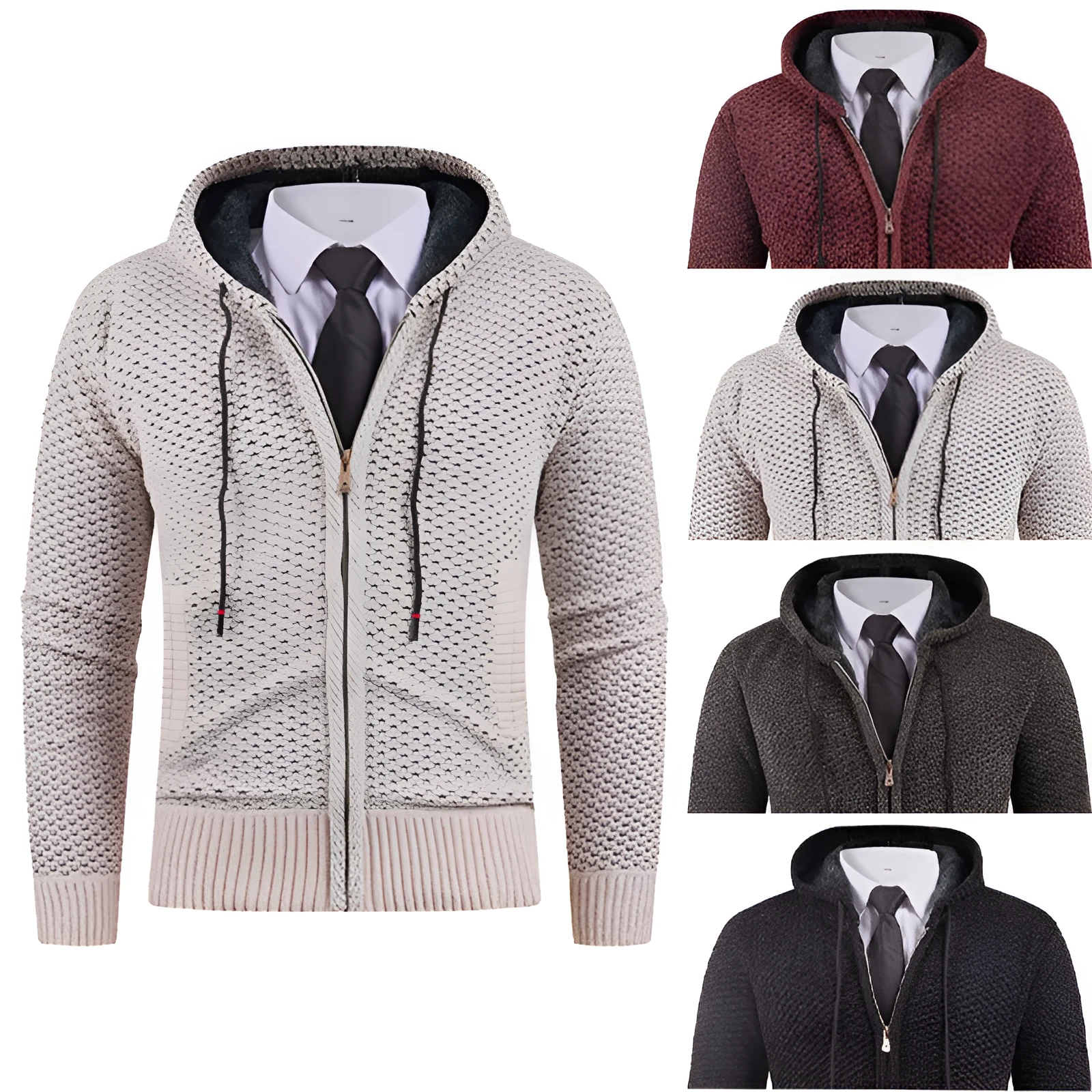 Men's hooded fleece lined sweater with pineapple pin in beige, shown front view on model, available in sizes M to 4XL