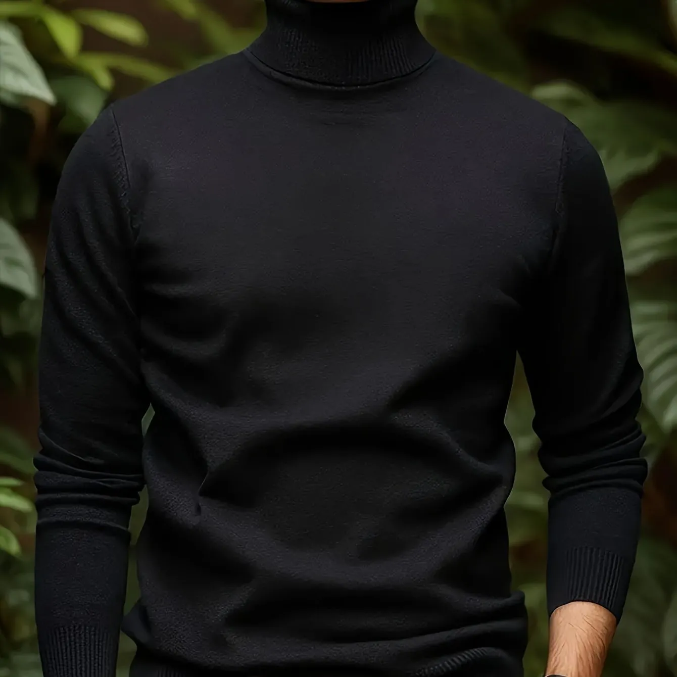 Men's solid colour soft viscose turtleneck sweater in black, front view
