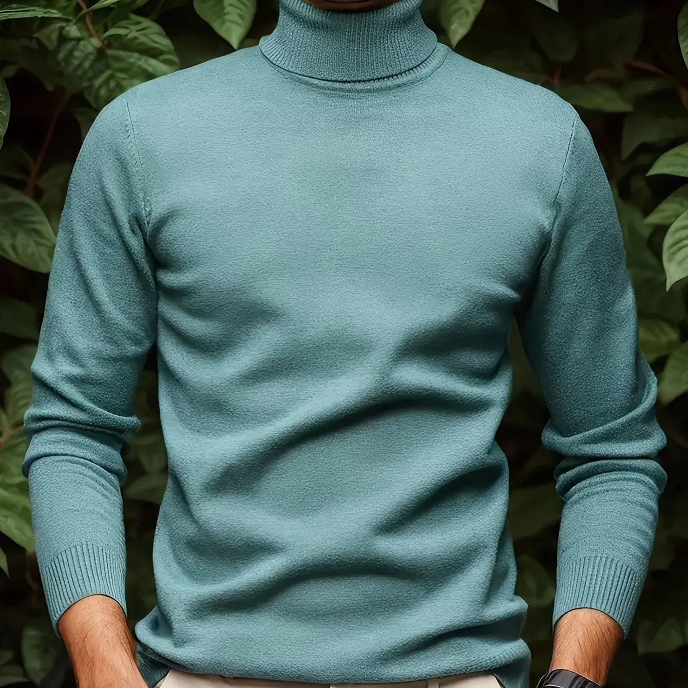 Men's solid colour soft viscose turtleneck sweater in black, front view